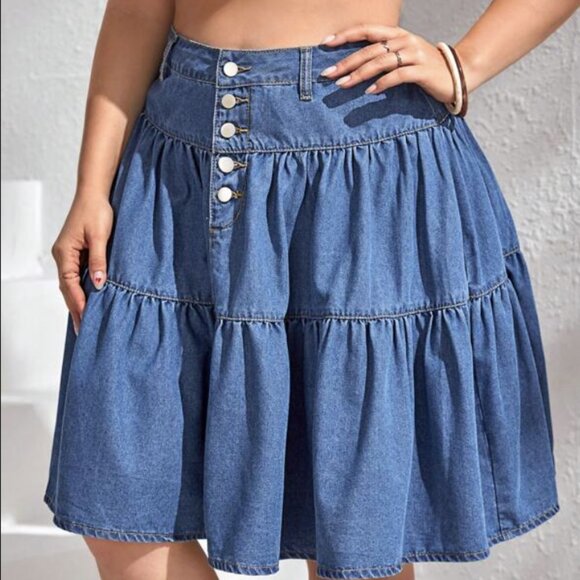 BLUE BUTTON FLY RUFFLE HEM TIERED MINI DENIM SKIRT ASIAN 4XL US 20 - Picture 5 of 5